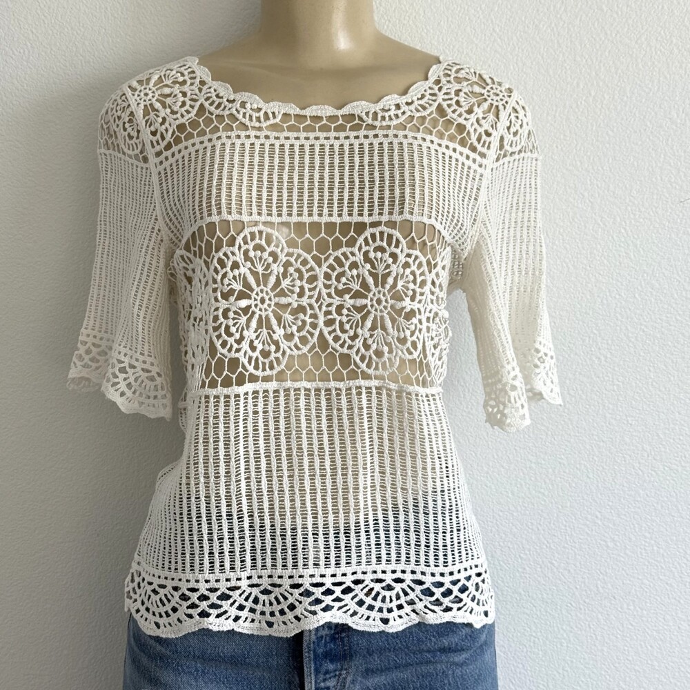 Bohemian Cottagecore Anthropologie James Coviello Janice White Crochet Top Lace